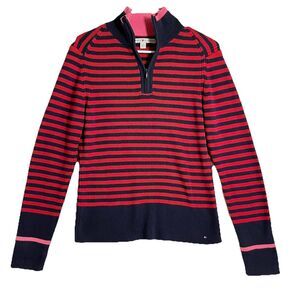 VTG Tommy Hilfiger Womens Striped Red Blue Sweater Quarter Zip Collar size Large